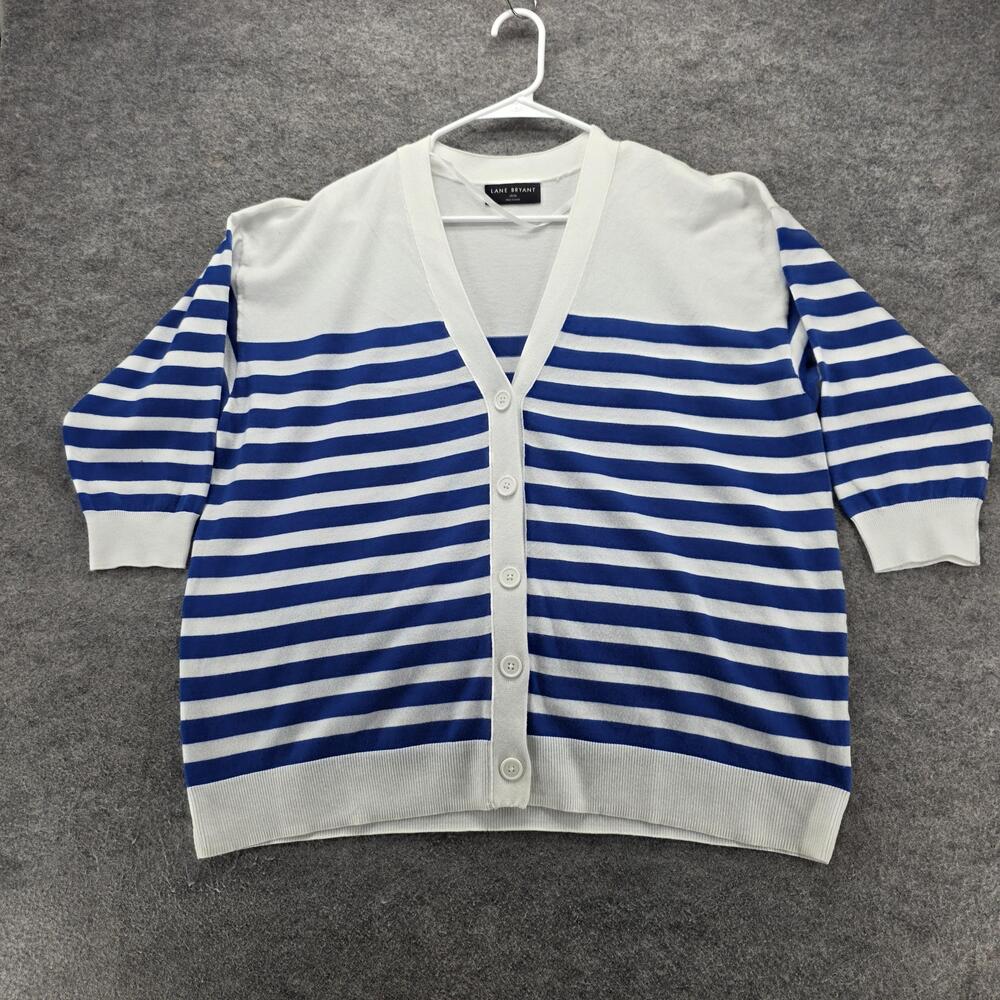 Lane Bryant Cardigan Sweater Womens 18/20 Blue White Striped Button Front V Neck